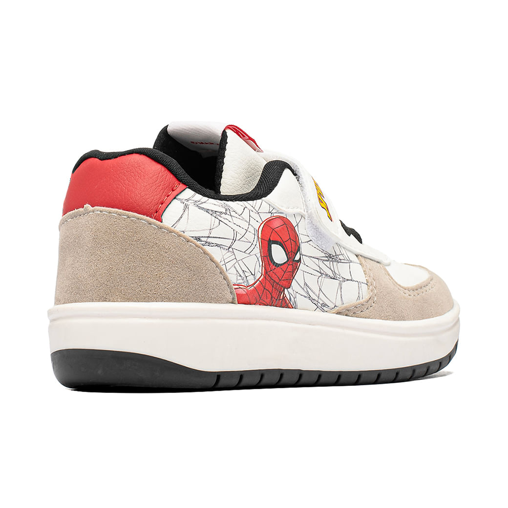 Tênis infantil branco com detalhes vermelhos e pretos, estampa do Homem-Aranha, ideal para crianças